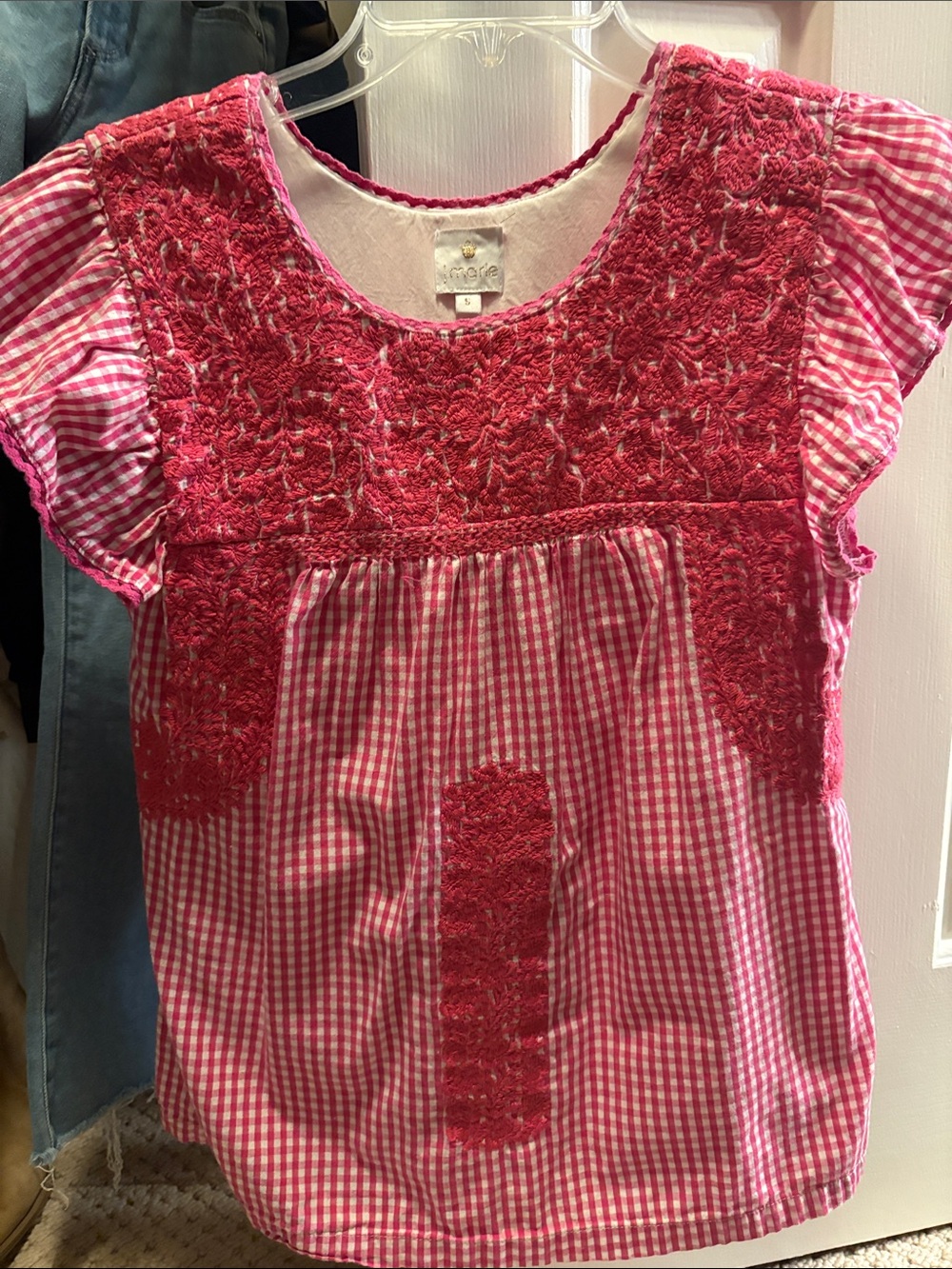 Girls Pink Embroidered Gingham Blouse